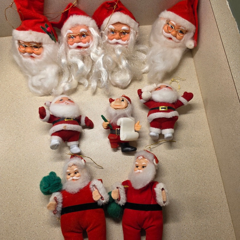 Lot of Vintage Santa Christmas Ornaments 9pc Red White Mid Century Retro, Rubber